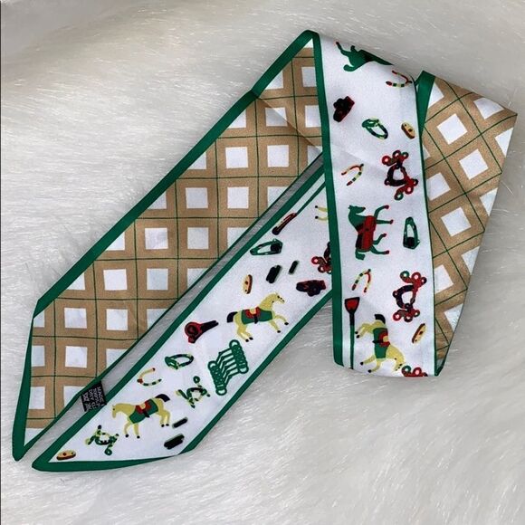 Silk scarf Plaid 🐎 Horse Twilly Bandeau Bag Tie  - Picture 2 of 3